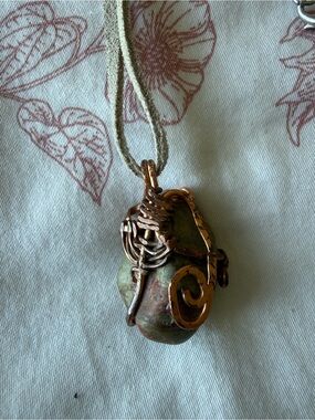 Handcrafted Copper Wire Wrapped Green Stone Pendant Necklace